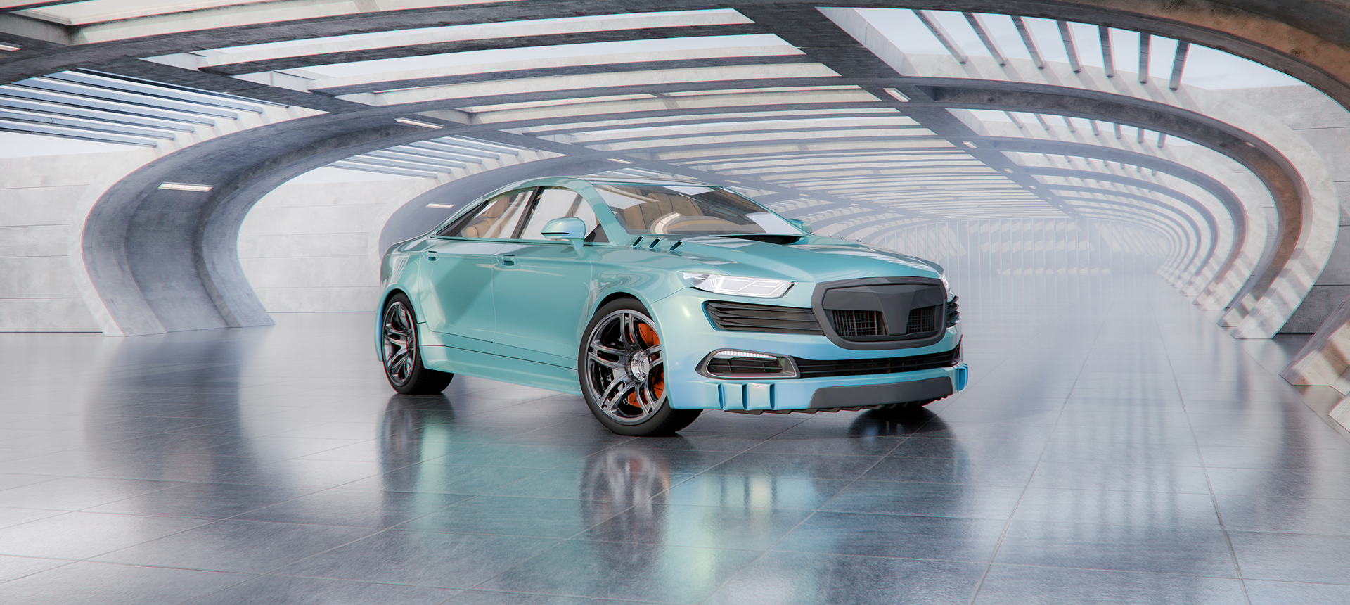 Modern car in futuristic setting