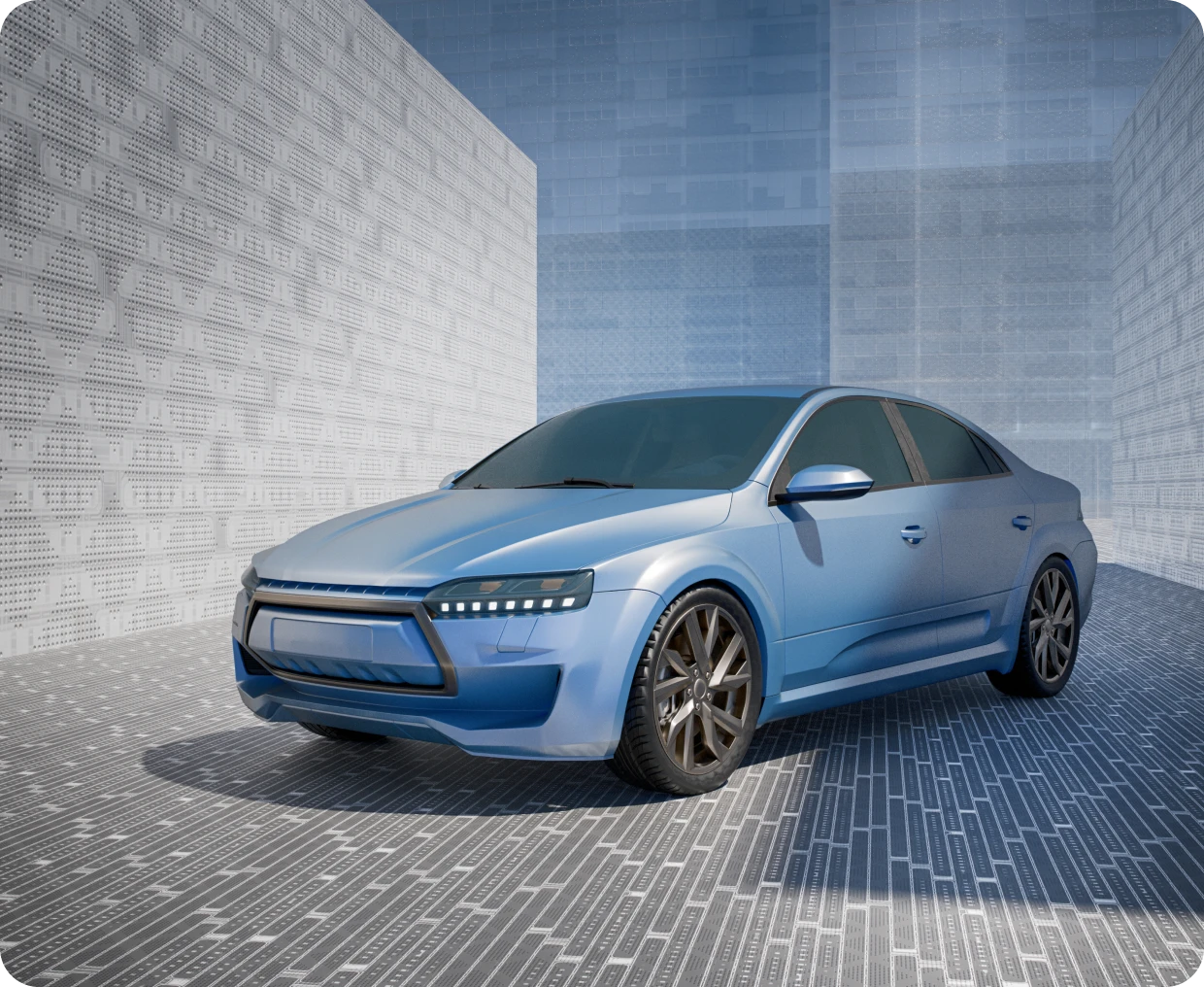 Futuristic blue sedan on tiled floor